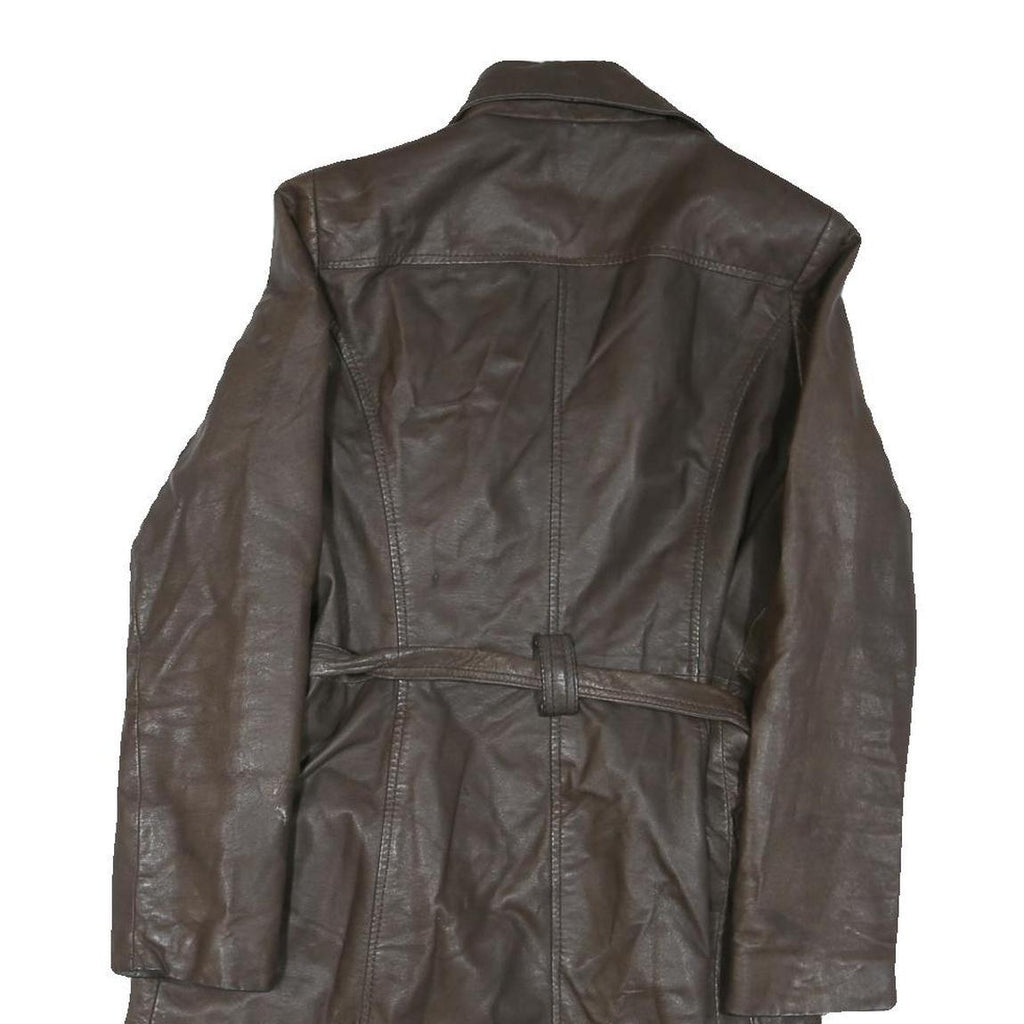 Womens Brown Leather Button Jacket M Plain Classic Fit Belted