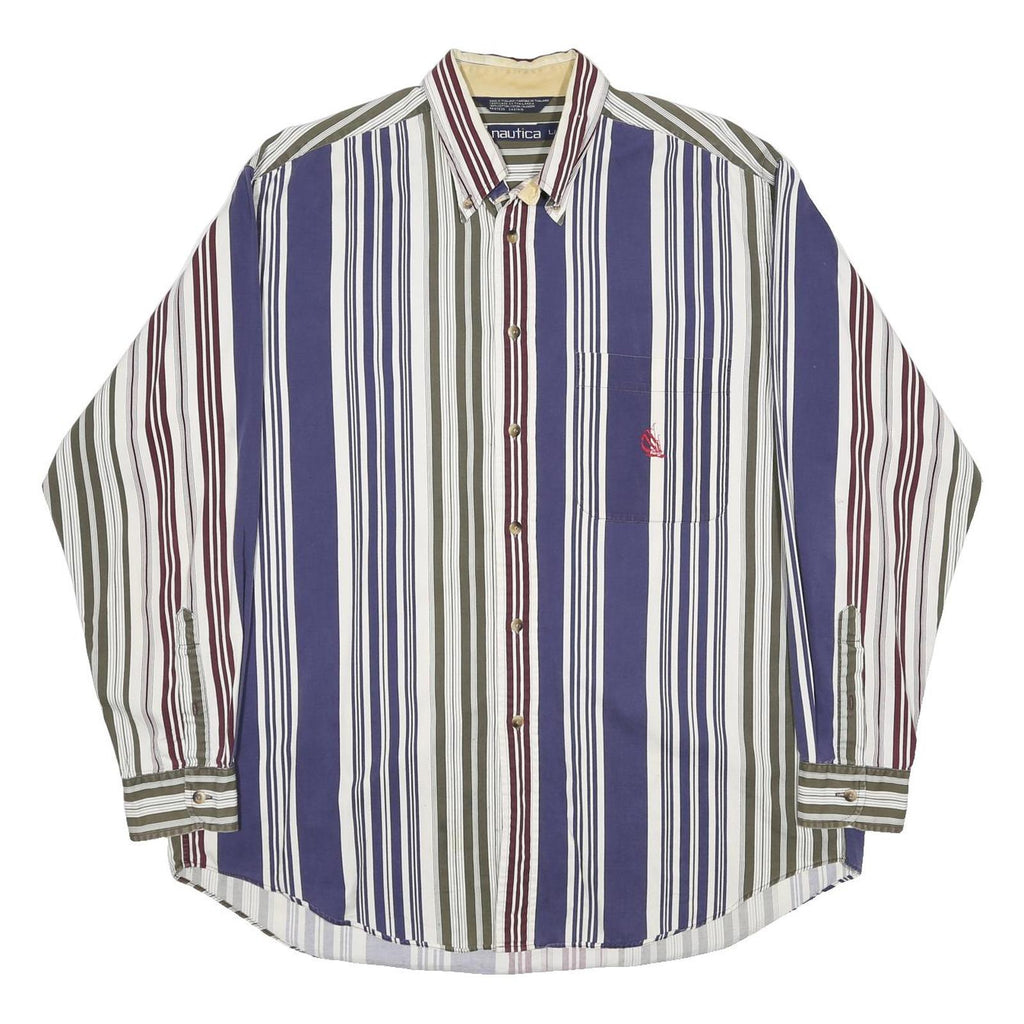 NAUTICA Mens Blue White & Maroon Stripe Cotton Shirt L Classic Fit Button-Down