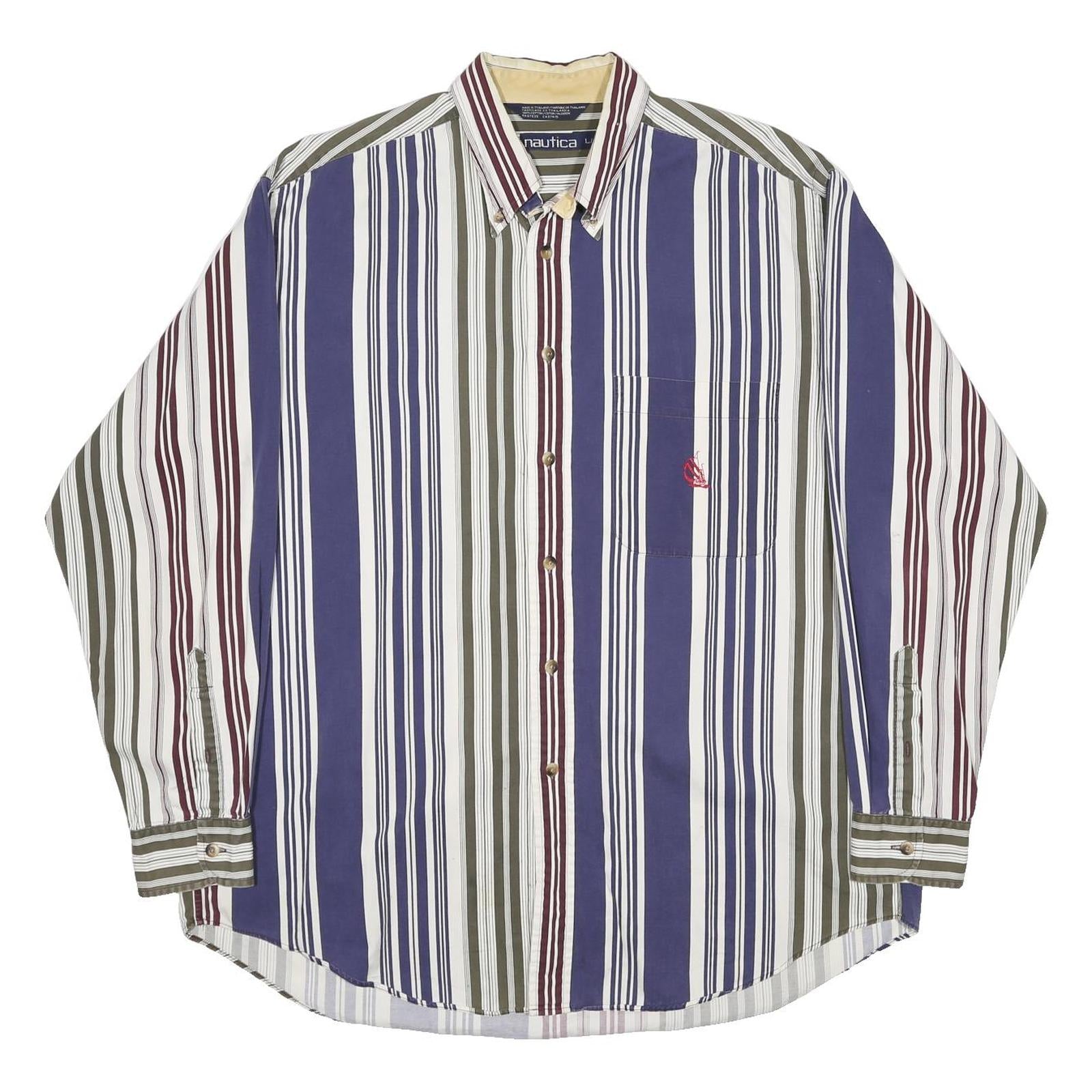 NAUTICA Mens Blue White & Maroon Stripe Cotton Shirt L Classic Fit Button-Down
