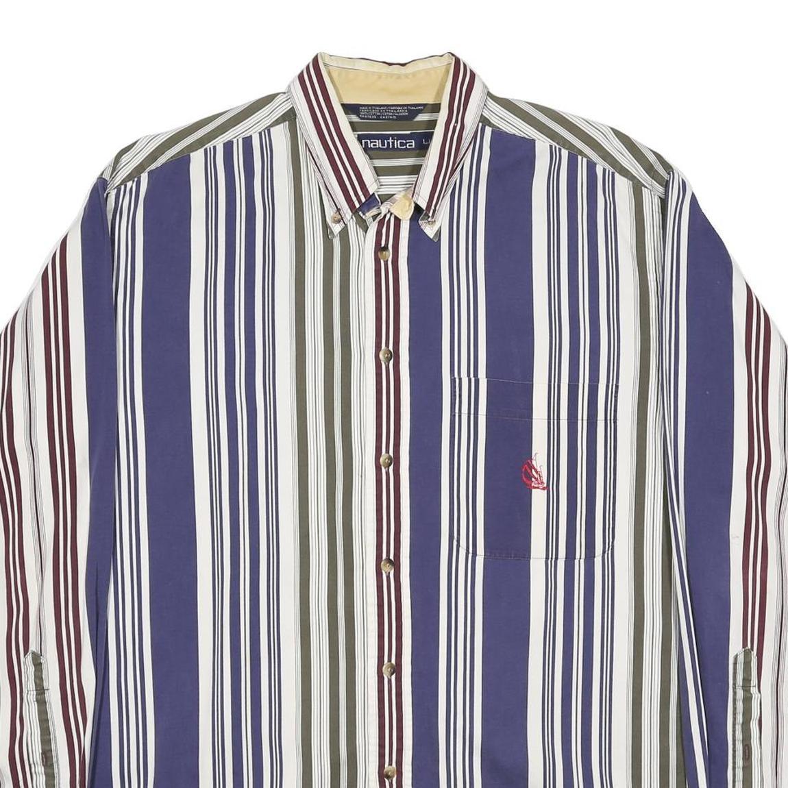 NAUTICA Mens Blue White & Maroon Stripe Cotton Shirt L Classic Fit Button-Down