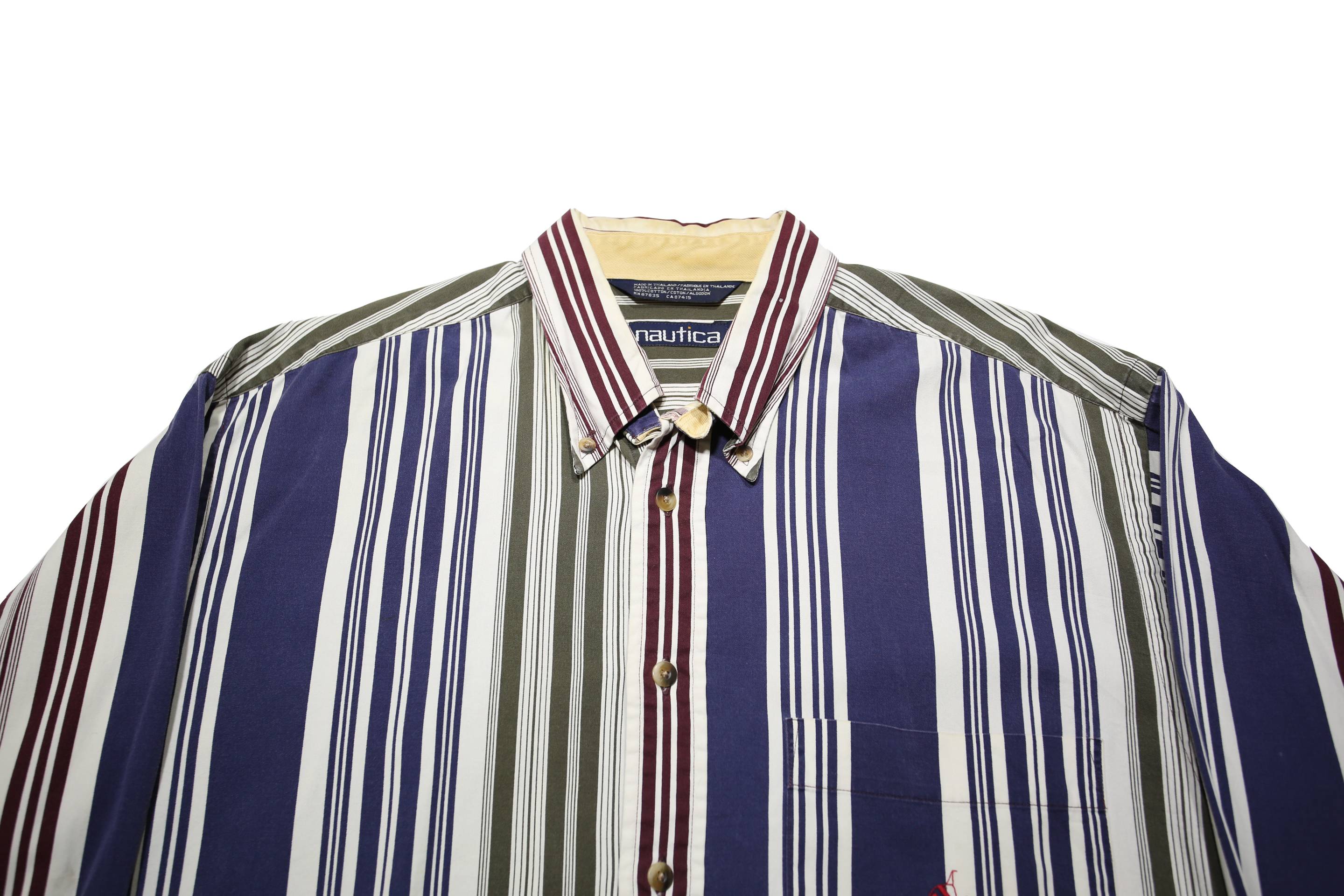 NAUTICA Mens Blue White & Maroon Stripe Cotton Shirt L Classic Fit Button-Down