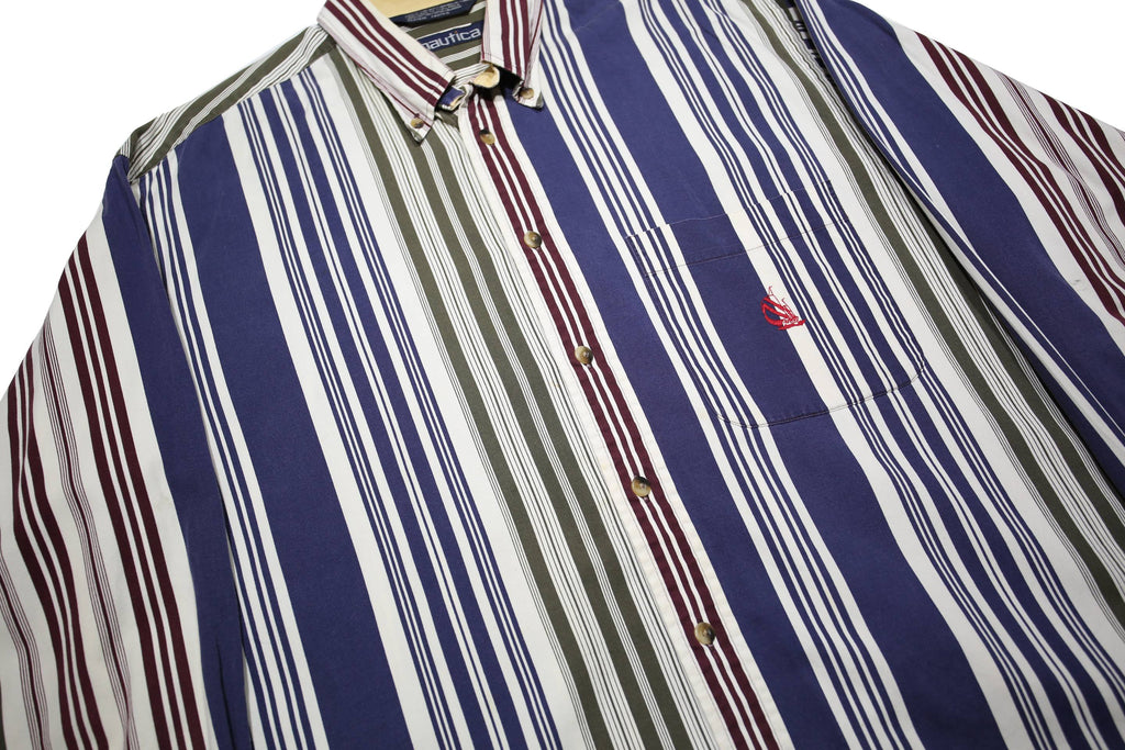 NAUTICA Mens Blue White & Maroon Stripe Cotton Shirt L Classic Fit Button-Down