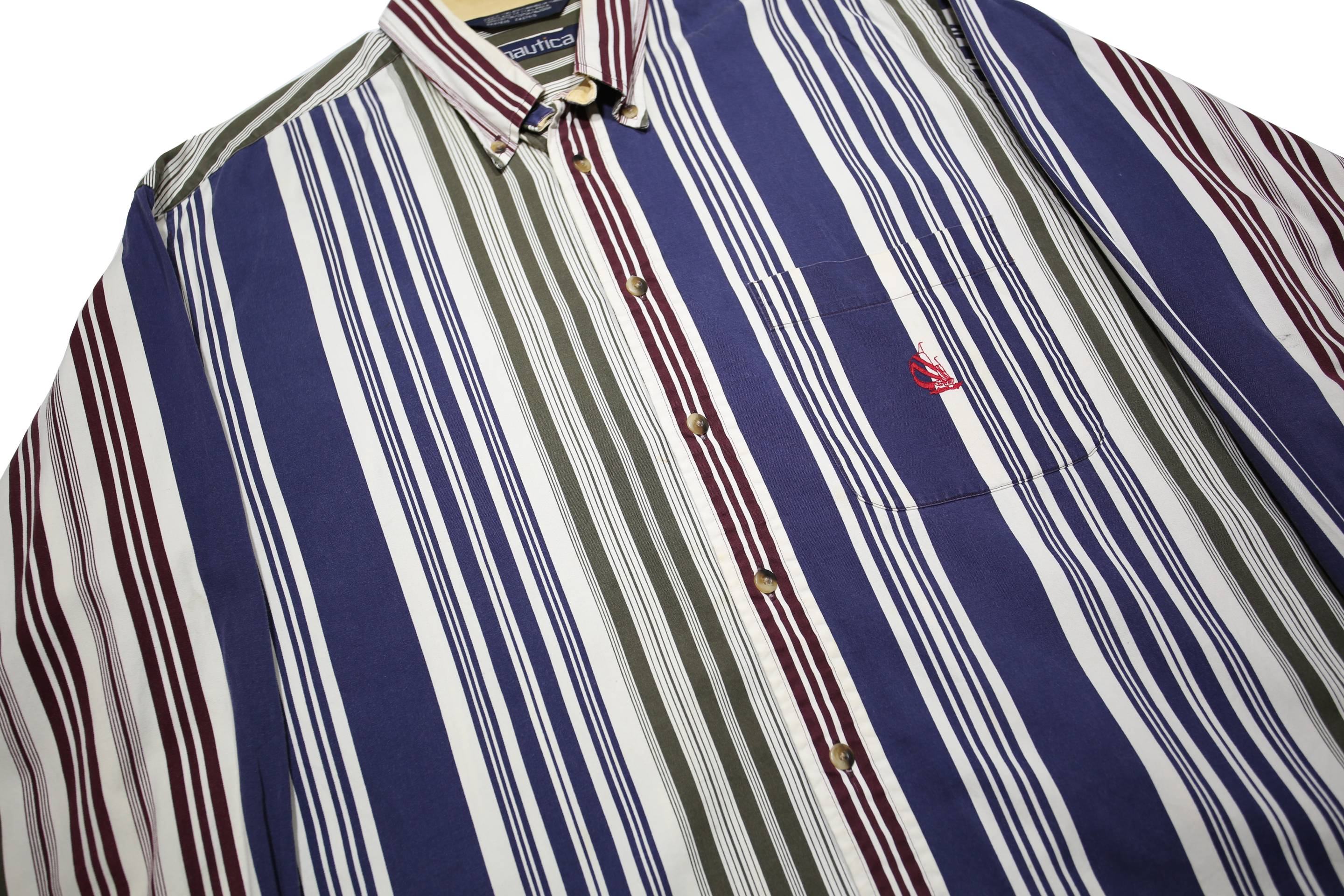 NAUTICA Mens Blue White & Maroon Stripe Cotton Shirt L Classic Fit Button-Down