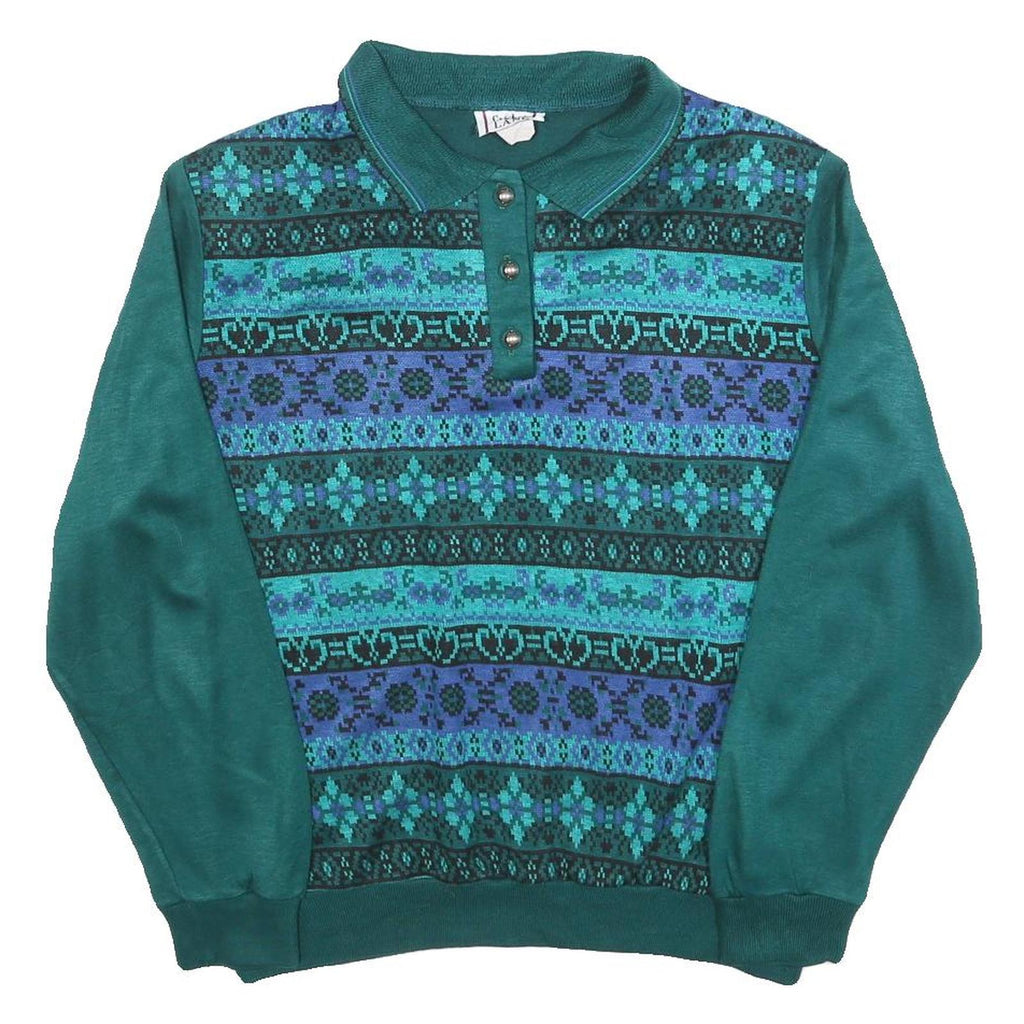 CRICKET LANE Womens Green Patterned Jumper Polo Neck Chunky Knit L Button Up