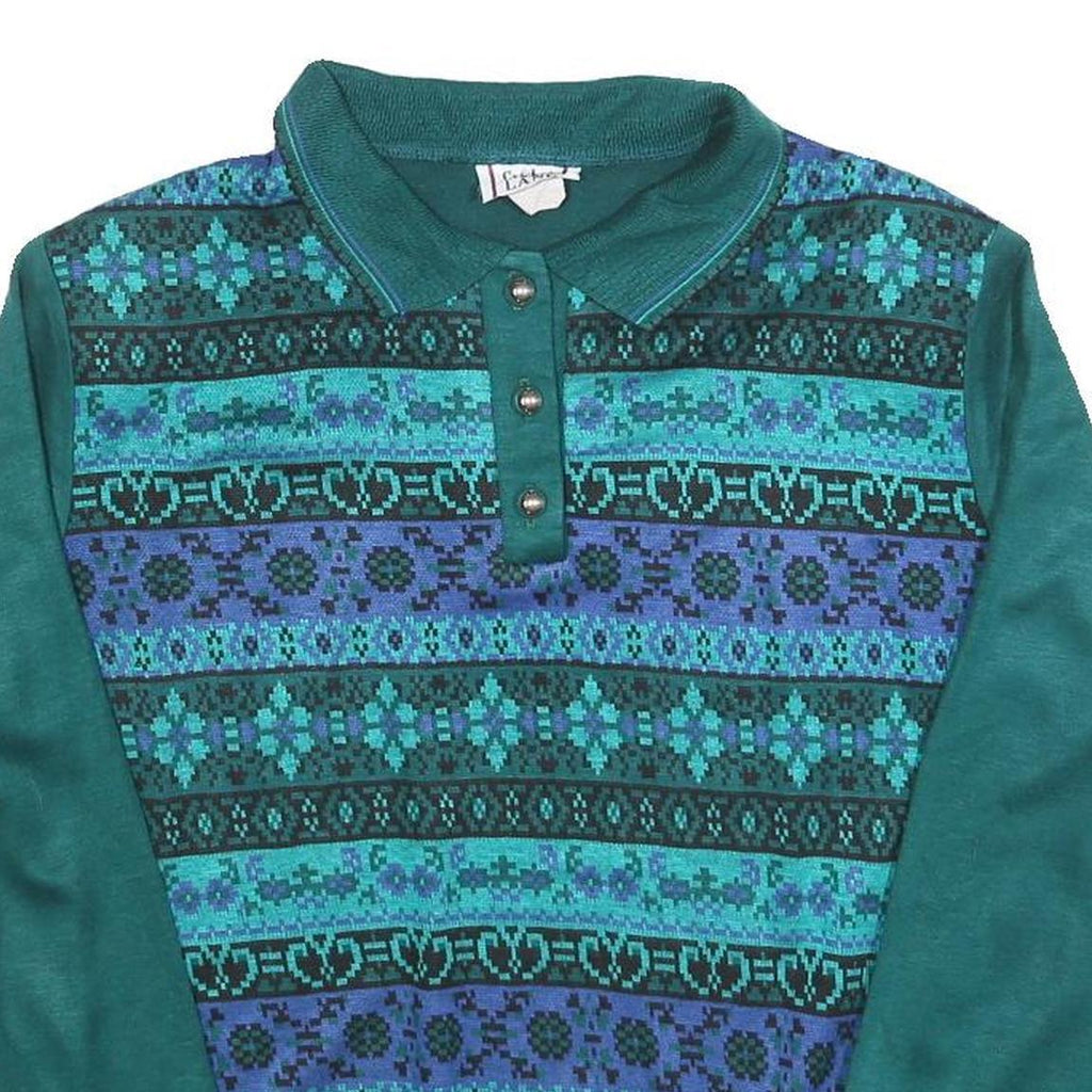 CRICKET LANE Womens Green Patterned Jumper Polo Neck Chunky Knit L Button Up