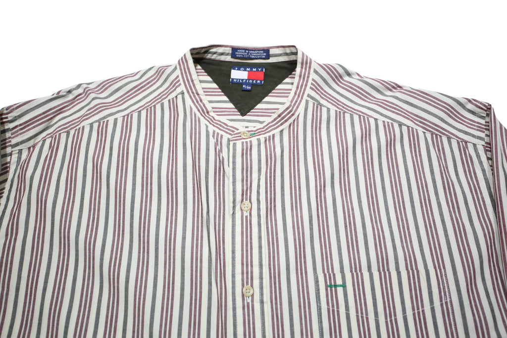 TOMMY HILFIGER Mens Red & White Stripe Shirt XL Classic Cotton Long Sleeve