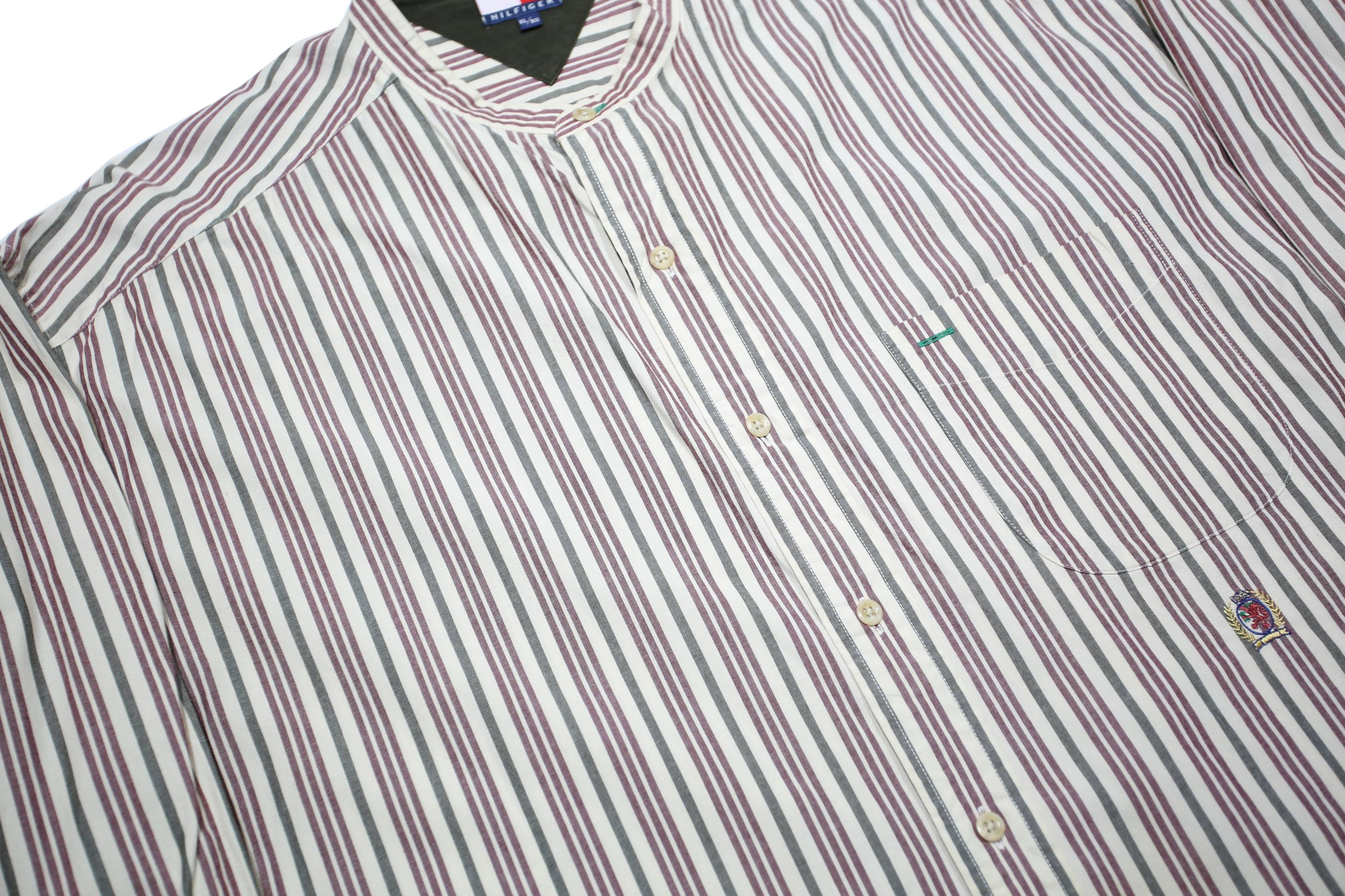 TOMMY HILFIGER Mens Red & White Stripe Shirt XL Classic Cotton Long Sleeve