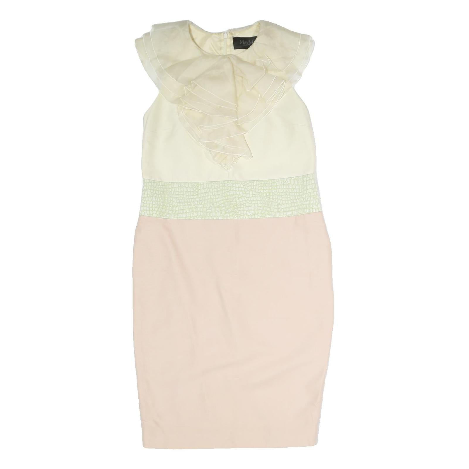 MAX MARA Womens Cream & Pink Day Polyester Dress M Ruffled Neck Pencil