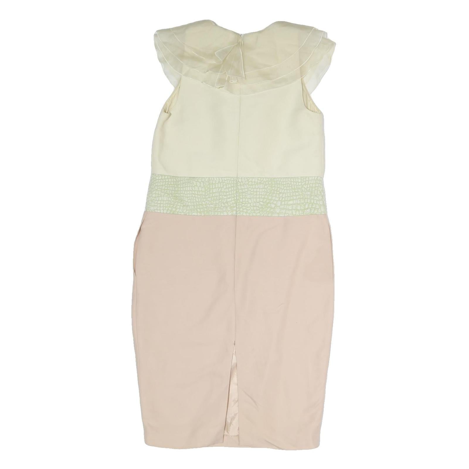 MAX MARA Womens Cream & Pink Day Polyester Dress M Ruffled Neck Pencil