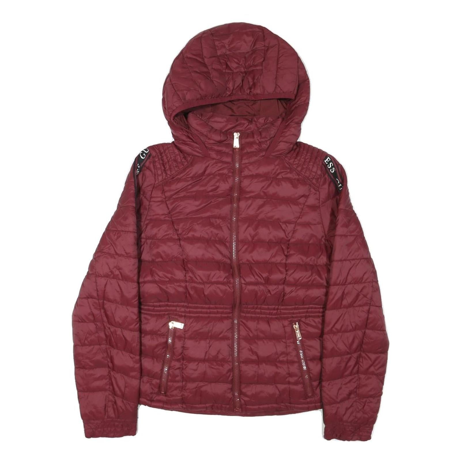 GUESS Womens Maroon Bomber Jacket S Polyester Blend Quilted Zip Hooded