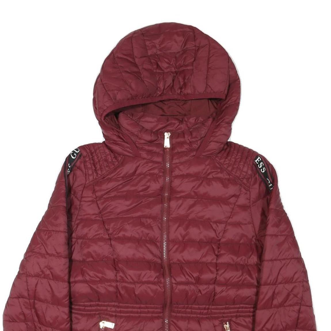 GUESS Womens Maroon Bomber Jacket S Polyester Blend Quilted Zip Hooded