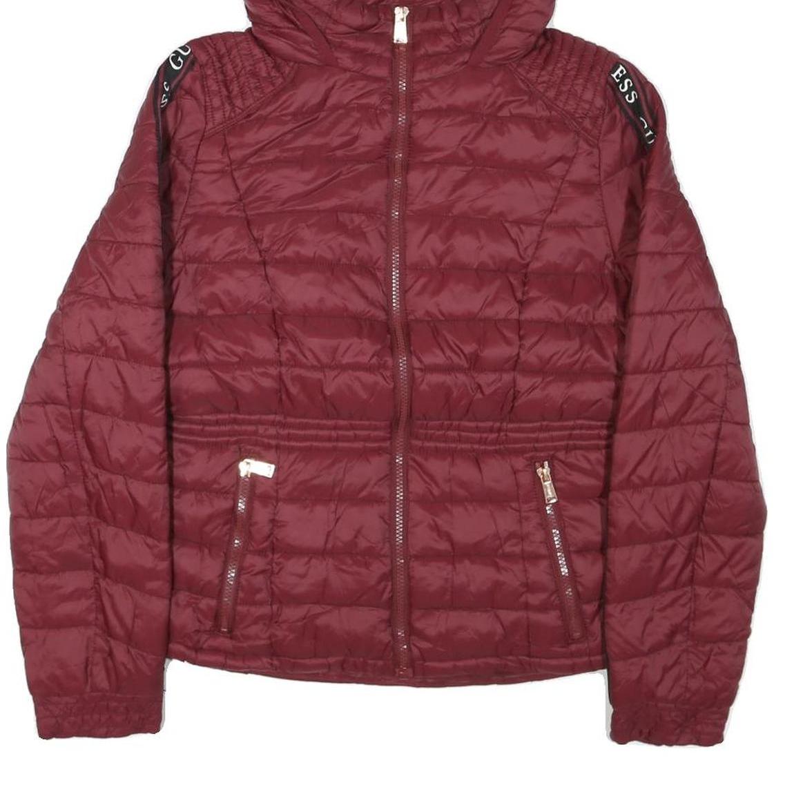 GUESS Womens Maroon Bomber Jacket S Polyester Blend Quilted Zip Hooded