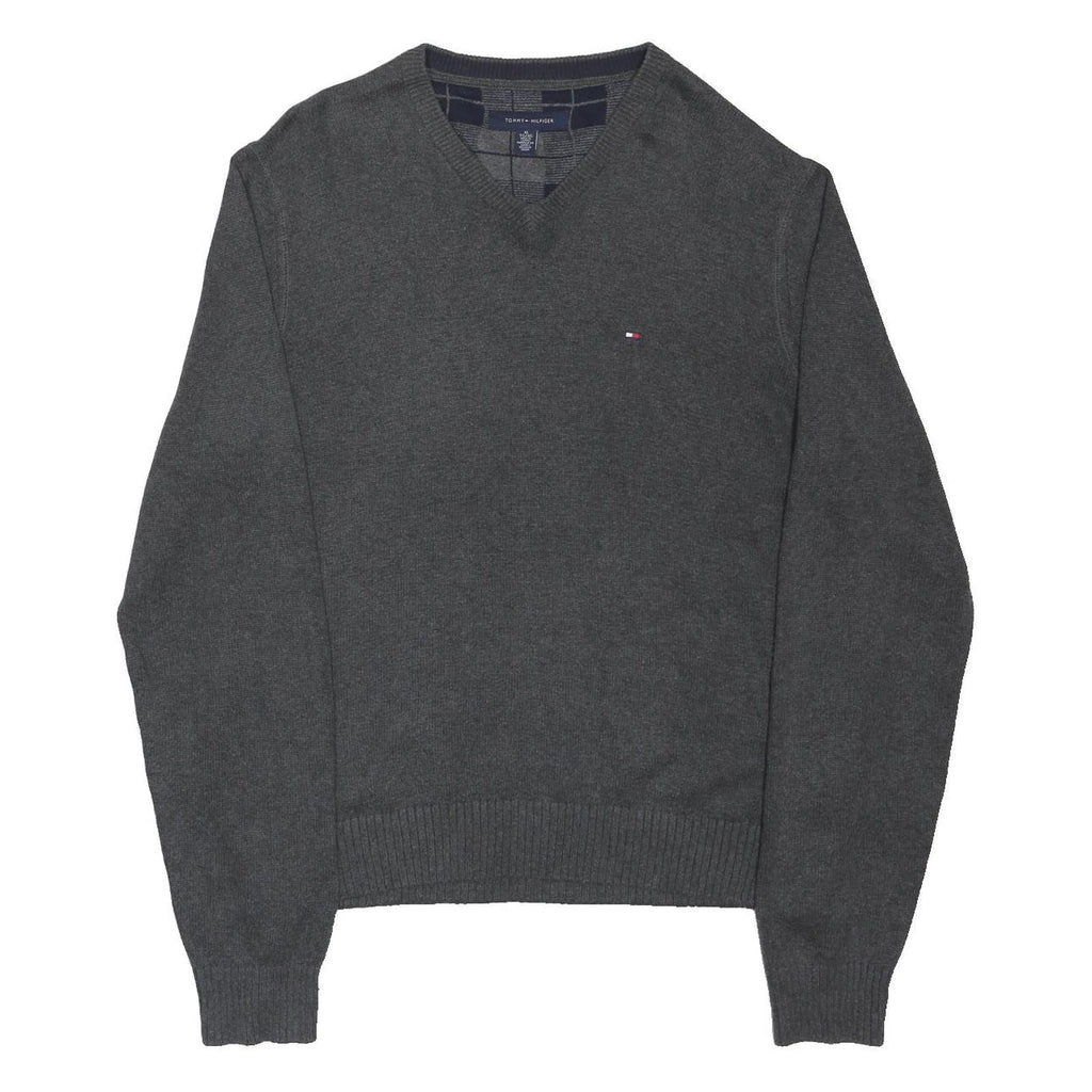 TOMMY HILFIGER Mens Grey Cotton Blend Plain V-Neck Basic Knit Jumper XL