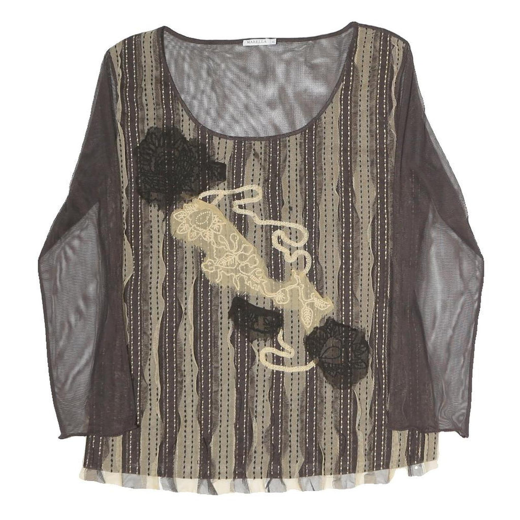 MARELLA Womens Brown Printed Striped Top Long Sleeve Round Neck XL Mesh Zip