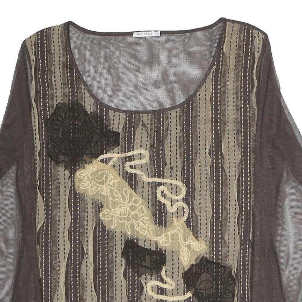 MARELLA Womens Brown Printed Striped Top Long Sleeve Round Neck XL Mesh Zip