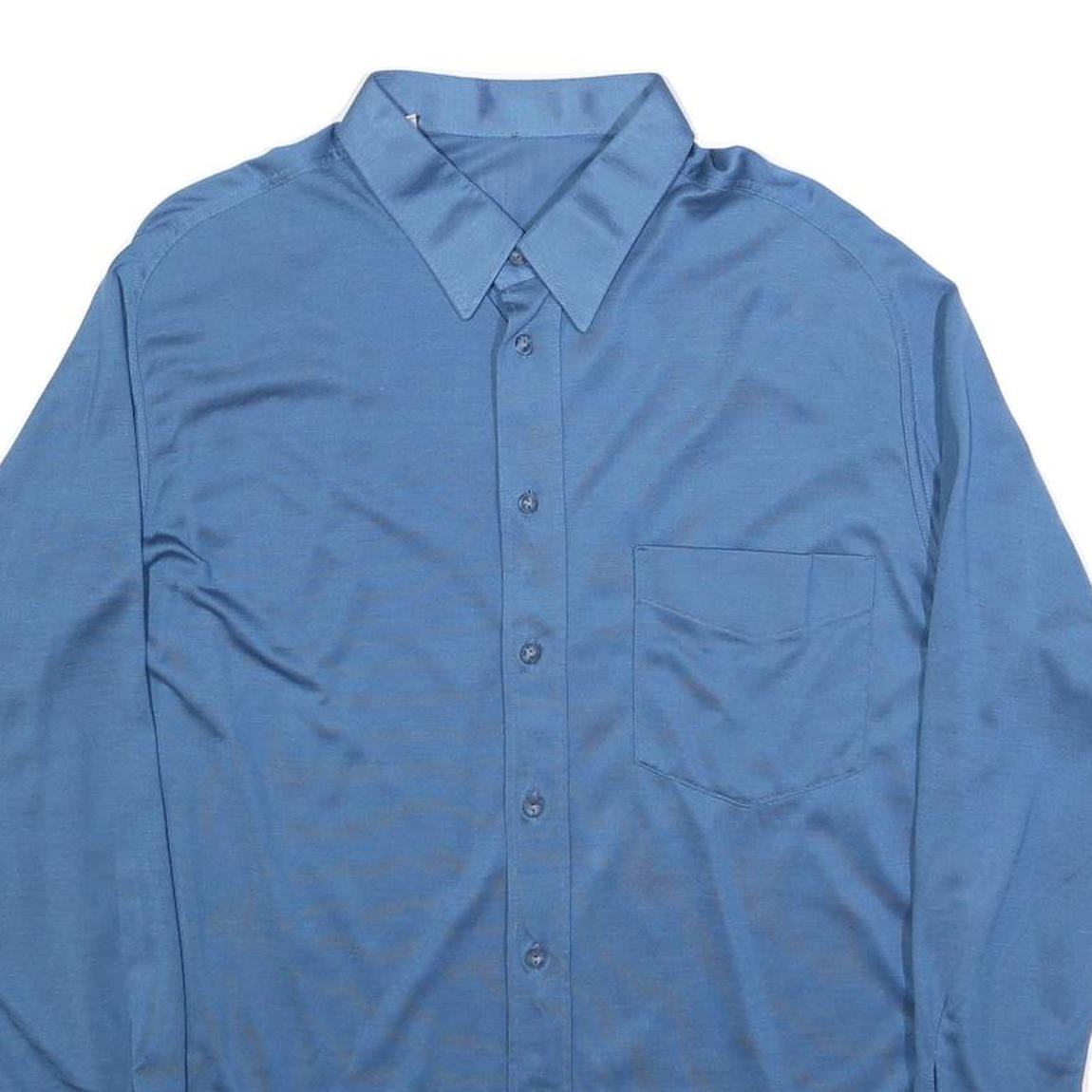 Mens Blue Polyester Long Sleeve Shirt L Classic Fit Button Collar Pocket