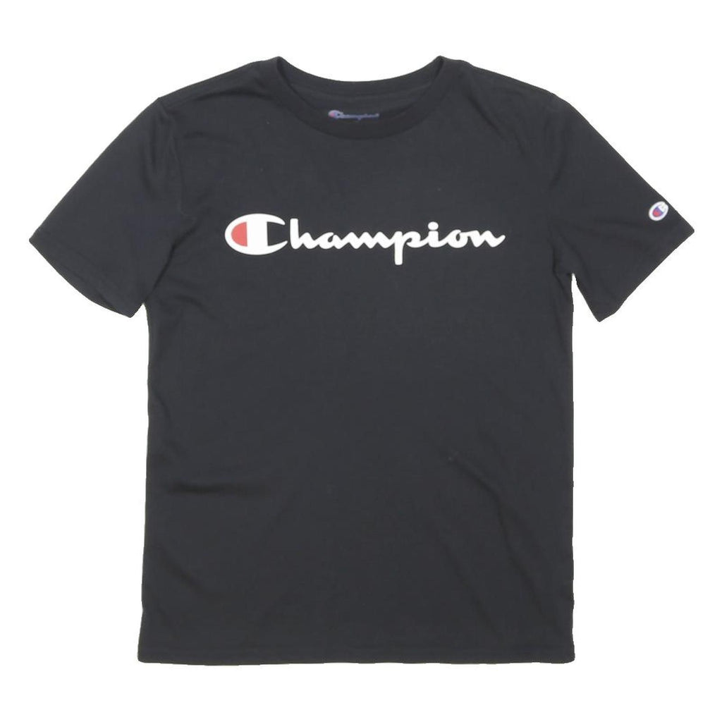 CHAMPION Boys Black Cotton Blend Classic T-Shirt 8Y Short Sleeve Crew Neck Logo