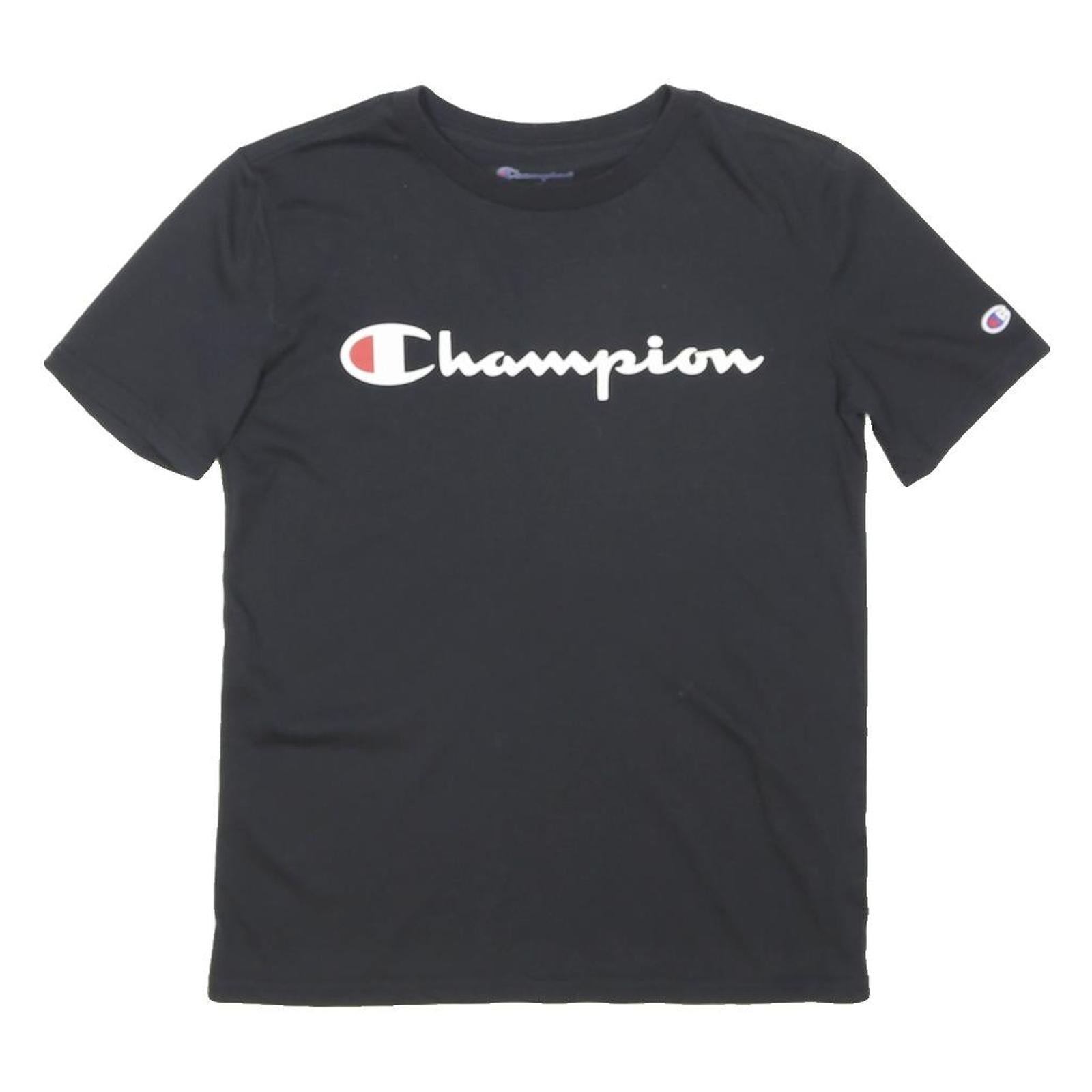 CHAMPION Boys Black Cotton Blend Classic T-Shirt 8Y Short Sleeve Crew Neck Logo