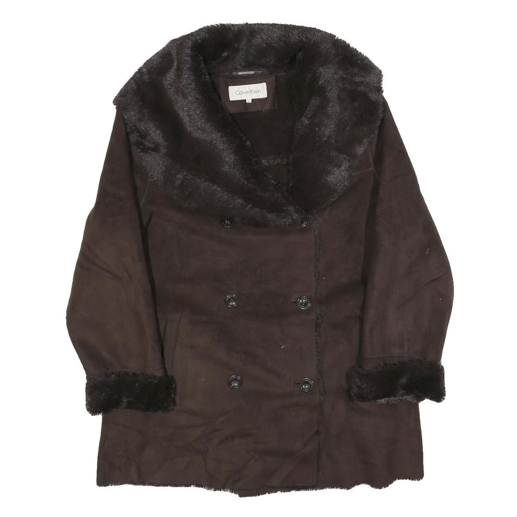 CALVIN KLEIN Womens Brown Faux Fur Collar Button Jacket L Polyester Classic