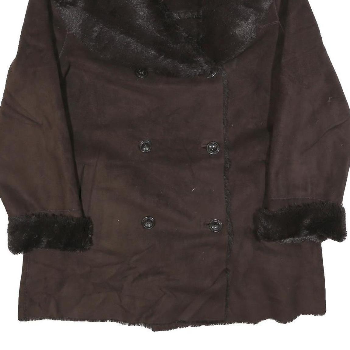 CALVIN KLEIN Womens Brown Faux Fur Collar Button Jacket L Polyester Classic