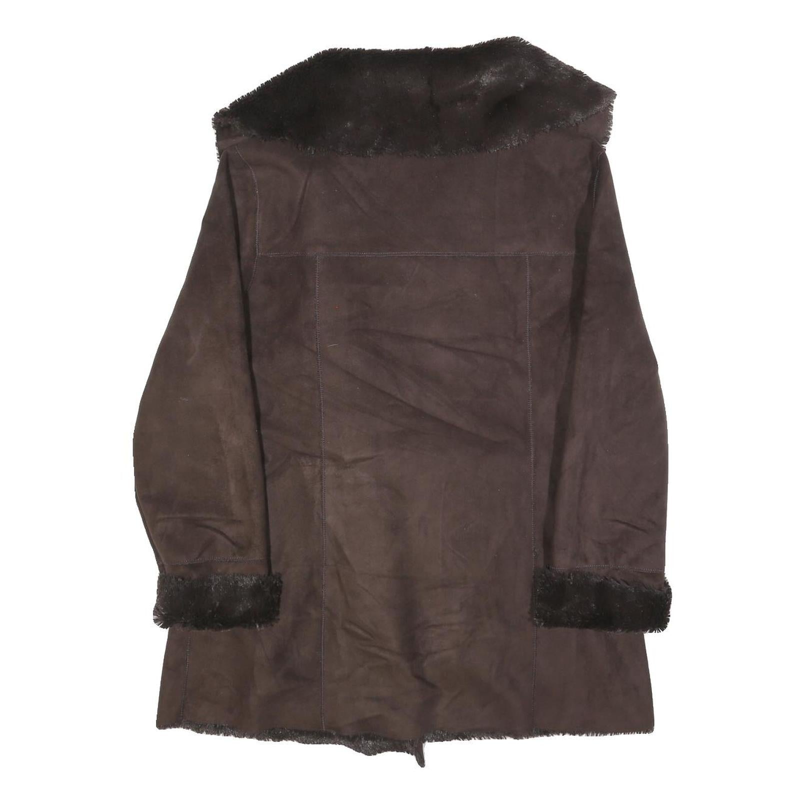 CALVIN KLEIN Womens Brown Faux Fur Collar Button Jacket L Polyester Classic