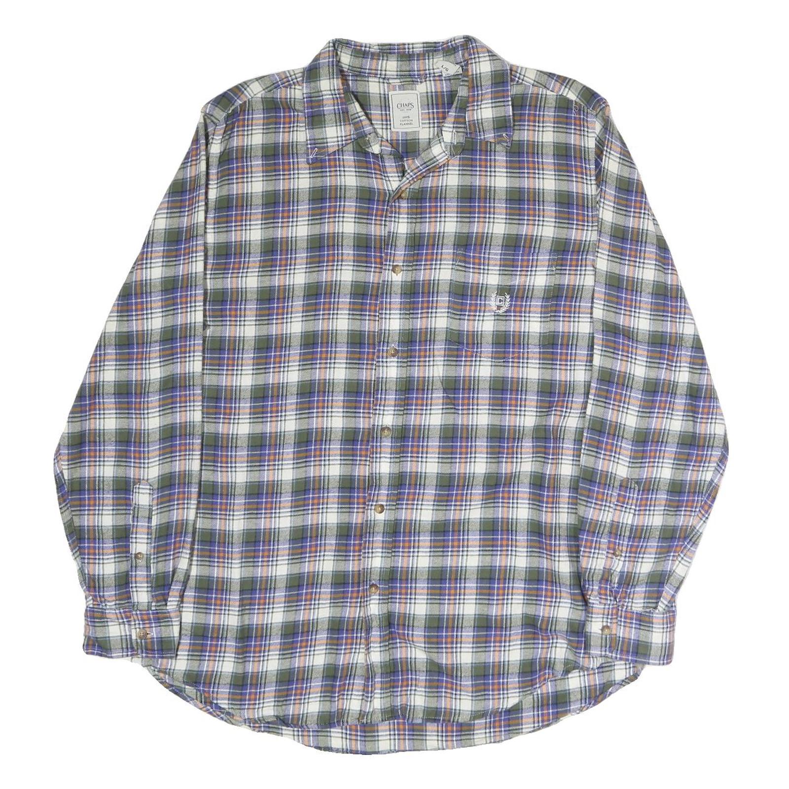 CHAPS Mens Green & Purple Check Shirt L Cotton Flannel Button Collar Long Sleeve