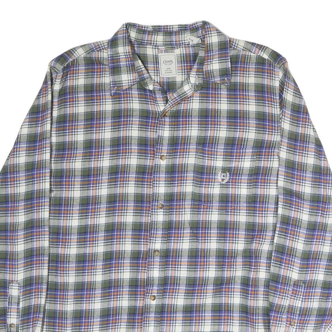 CHAPS Mens Green & Purple Check Shirt L Cotton Flannel Button Collar Long Sleeve
