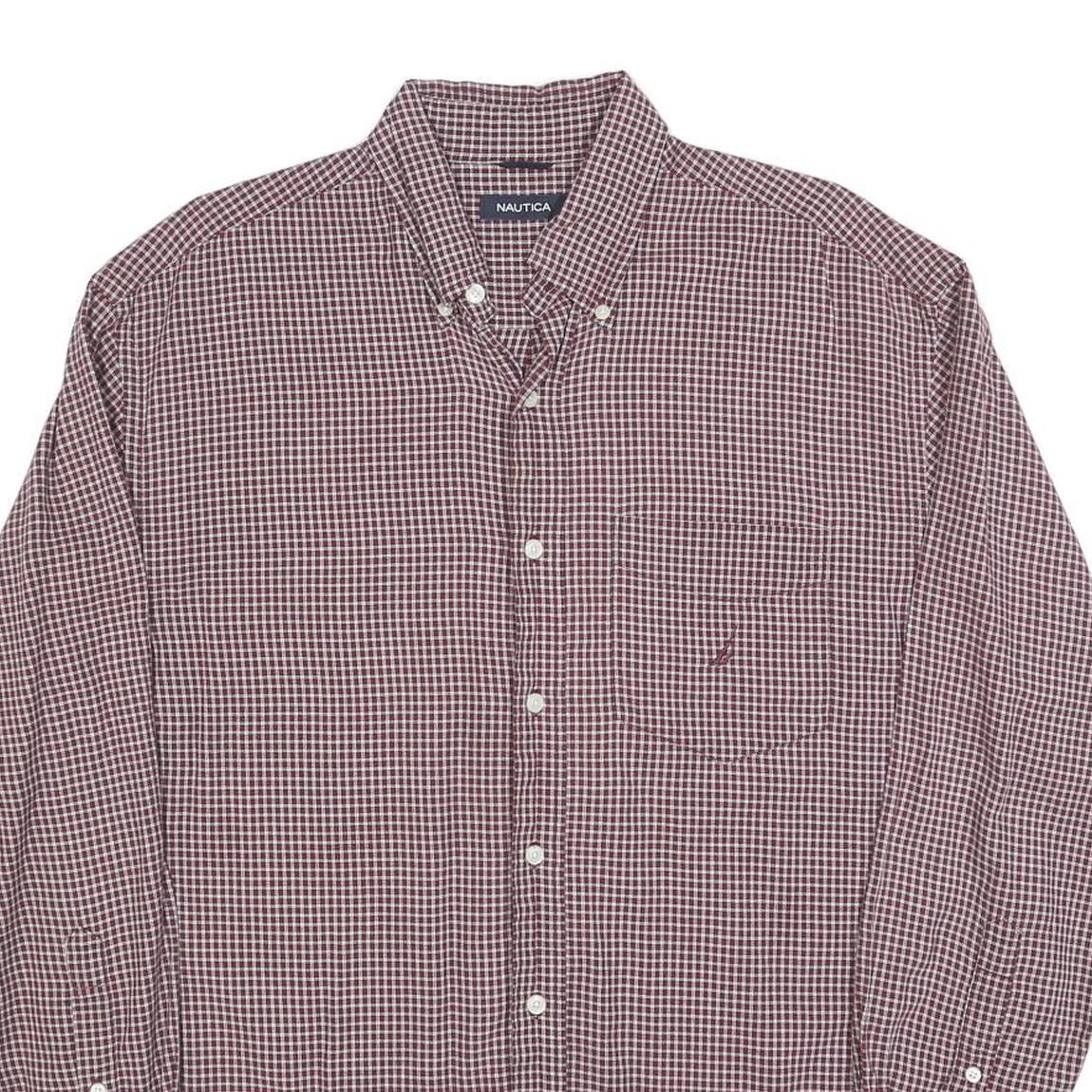 NAUTICA Mens Maroon & White Check Shirt L Button Down Cotton Blend Casual