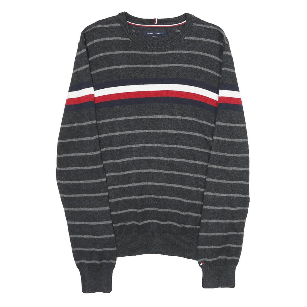 TOMMY HILFIGER Mens Grey & Red Striped Patterned Cotton Crew Neck Jumper S