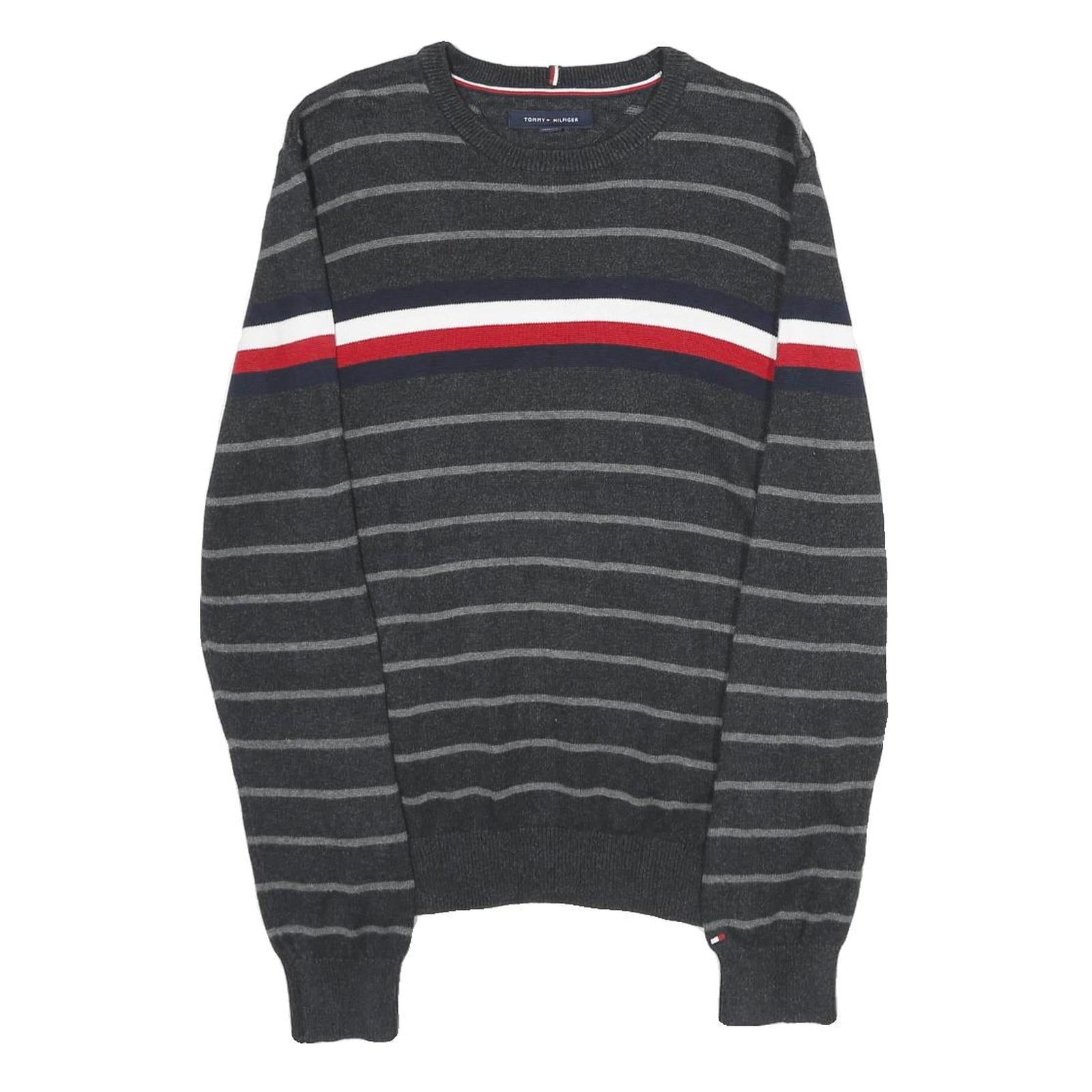 TOMMY HILFIGER Mens Grey & Red Striped Patterned Cotton Crew Neck Jumper S