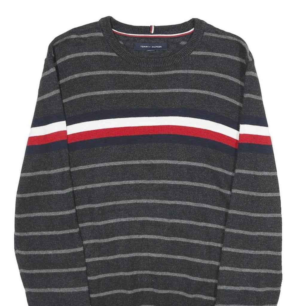 TOMMY HILFIGER Mens Grey & Red Striped Patterned Cotton Crew Neck Jumper S