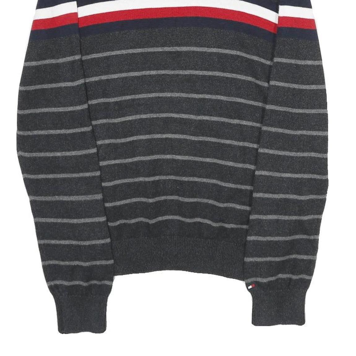 TOMMY HILFIGER Mens Grey & Red Striped Patterned Cotton Crew Neck Jumper S