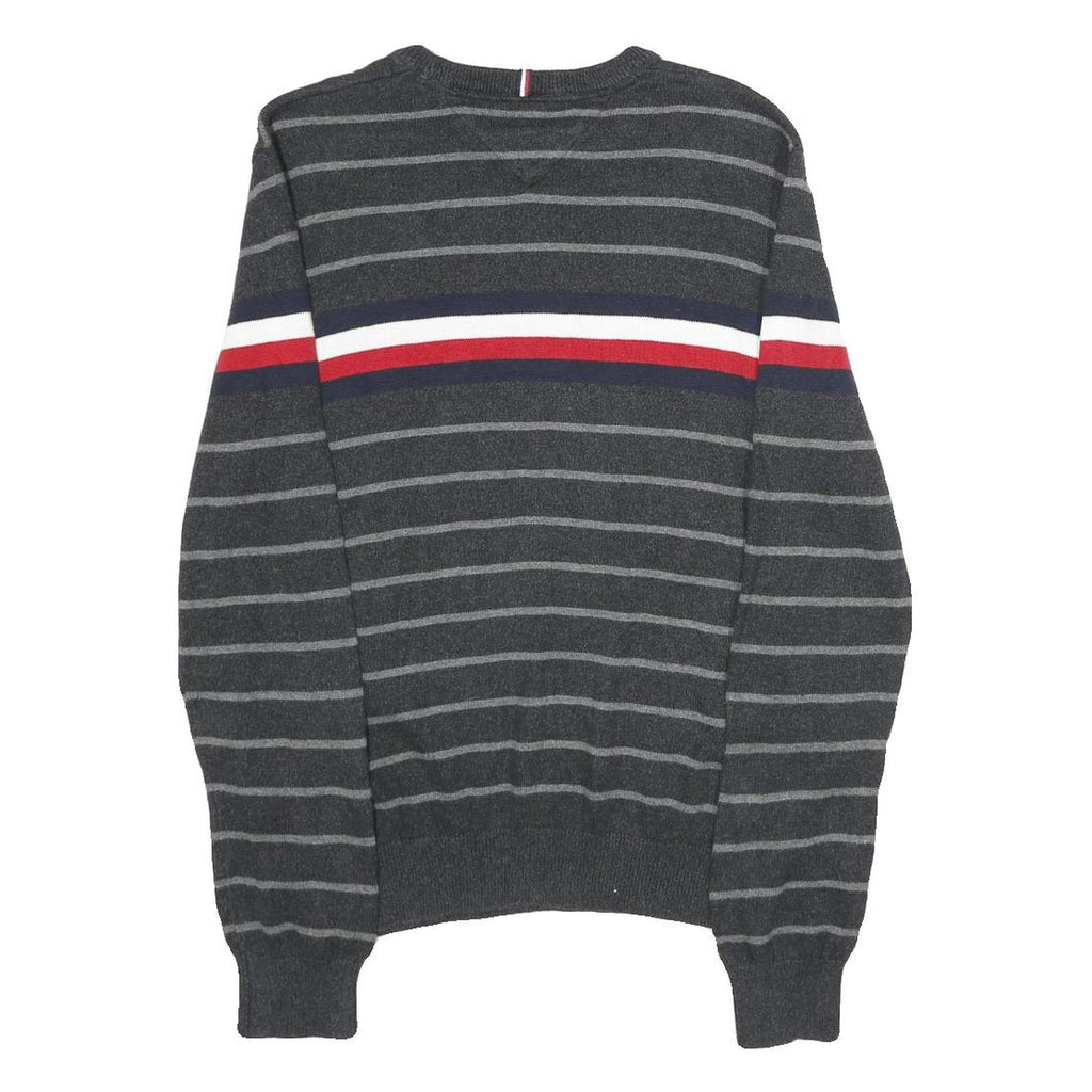 TOMMY HILFIGER Mens Grey & Red Striped Patterned Cotton Crew Neck Jumper S