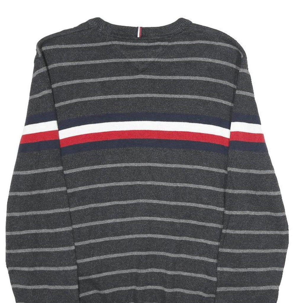TOMMY HILFIGER Mens Grey & Red Striped Patterned Cotton Crew Neck Jumper S