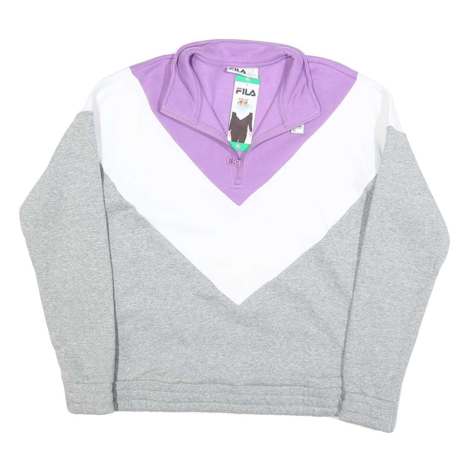 FILA Womens Lilac & White & Grey Colourblock Quarter Zip Sweatshirt XL Cotton