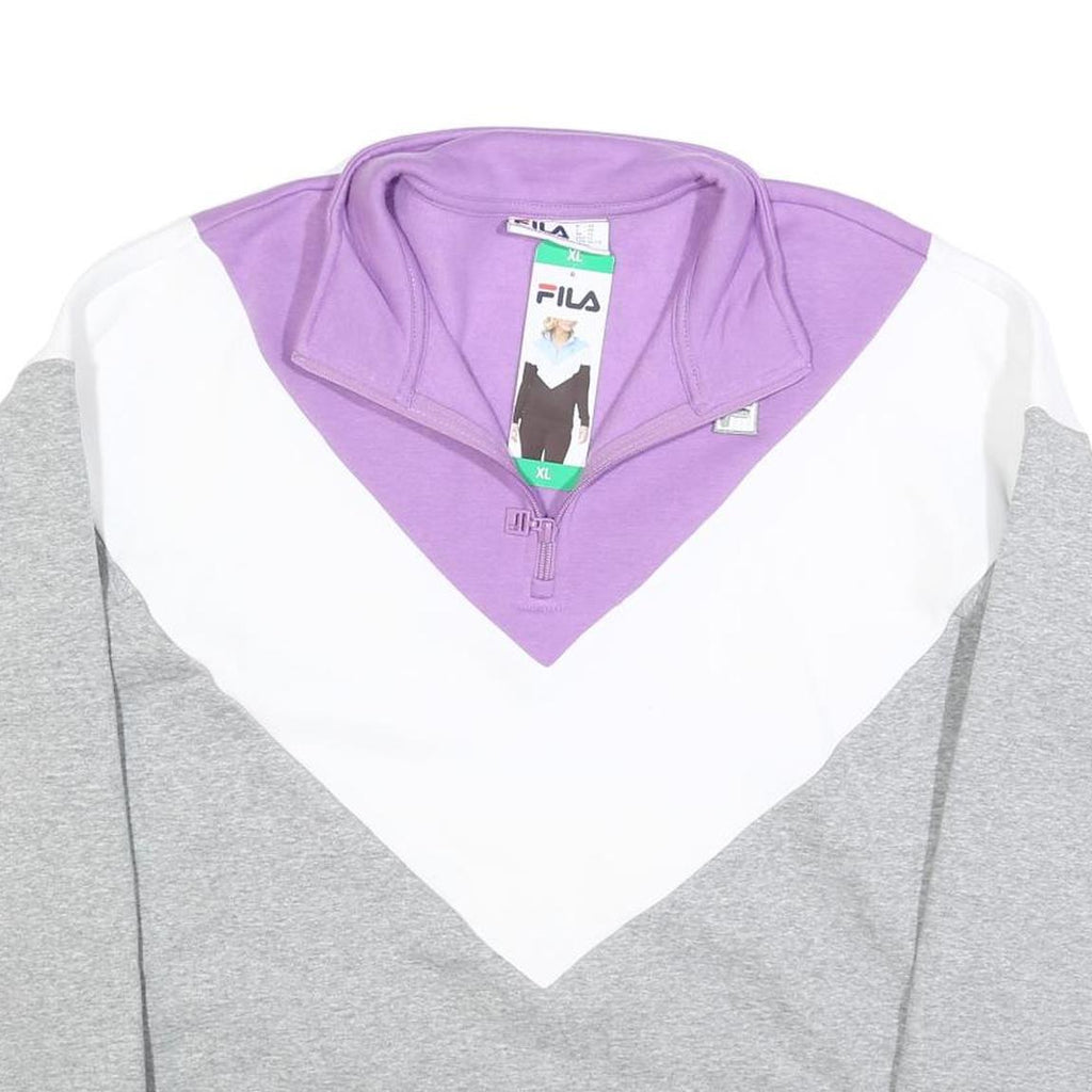 FILA Womens Lilac & White & Grey Colourblock Quarter Zip Sweatshirt XL Cotton