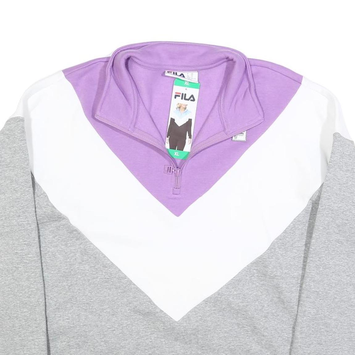 FILA Womens Lilac & White & Grey Colourblock Quarter Zip Sweatshirt XL Cotton