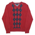 TOMMY HILFIGER Mens Red & Navy Patterned Jumper V-Neck Basic Knit M Classic