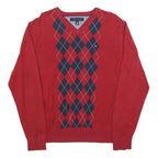 TOMMY HILFIGER Mens Red & Navy Patterned Jumper V-Neck Basic Knit M Classic