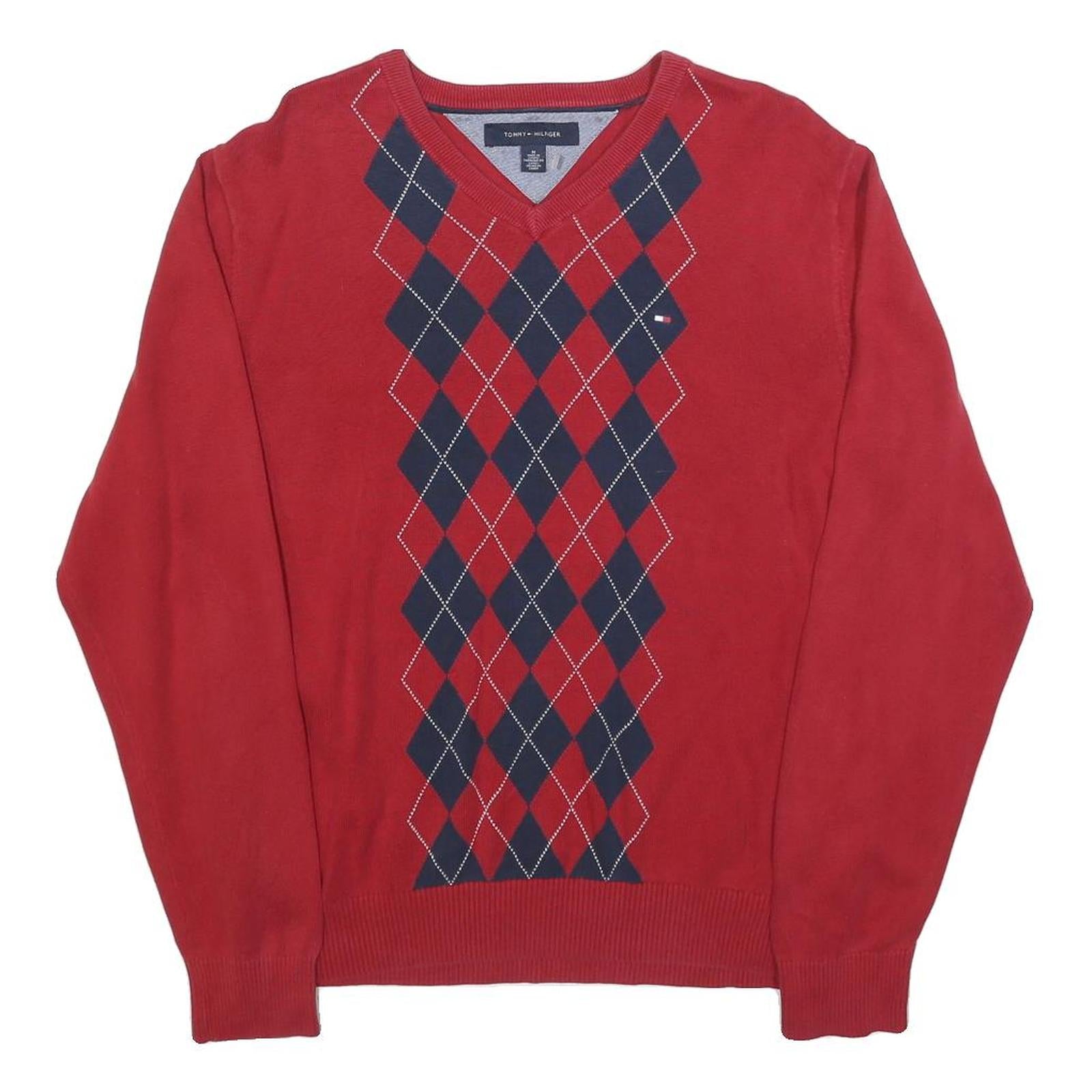 TOMMY HILFIGER Mens Red & Navy Patterned Jumper V-Neck Basic Knit M Classic