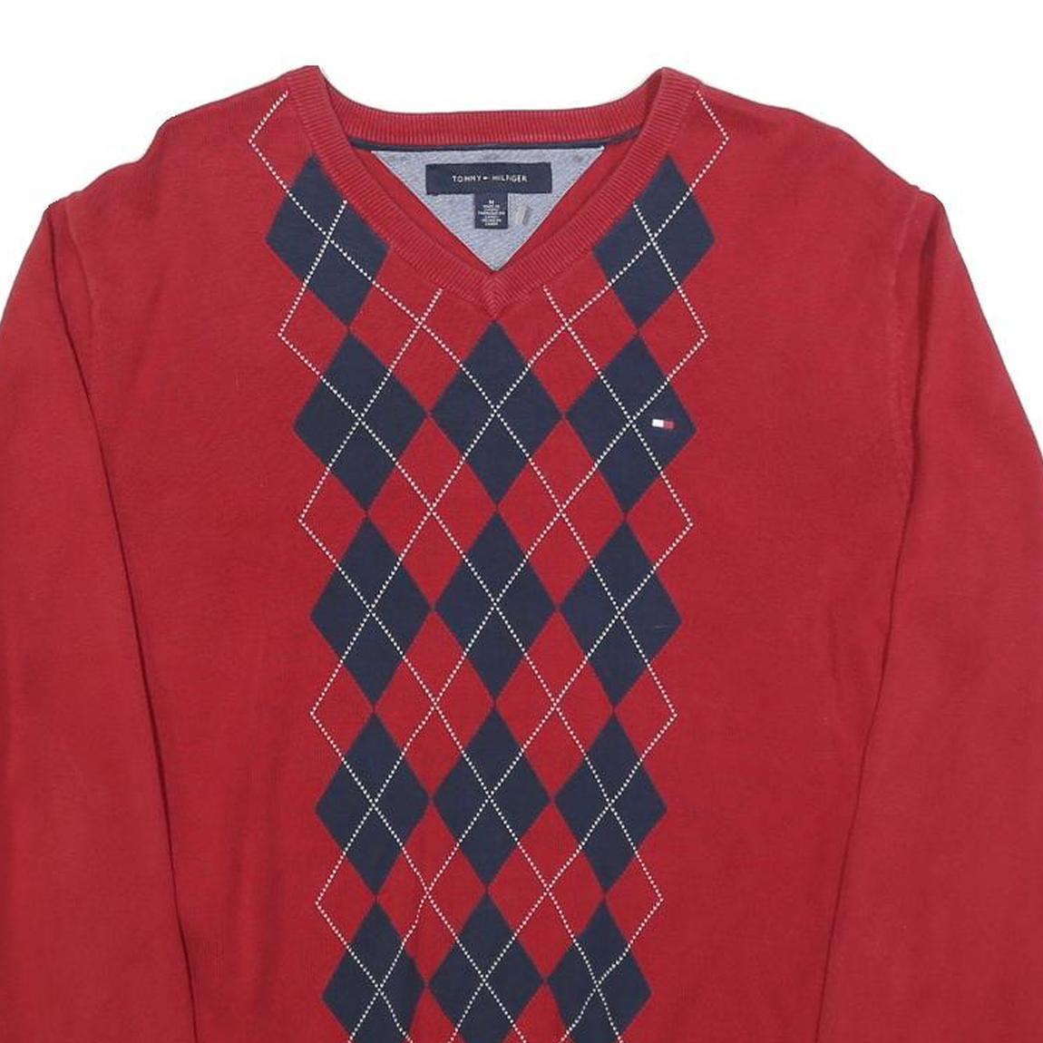 TOMMY HILFIGER Mens Red & Navy Patterned Jumper V-Neck Basic Knit M Classic