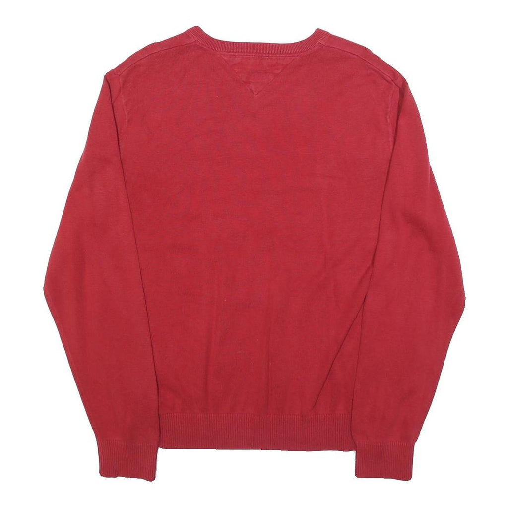TOMMY HILFIGER Mens Red & Navy Patterned Jumper V-Neck Basic Knit M Classic