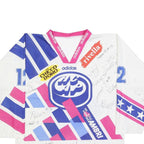 ADIDAS Mens White & Blue & Pink Graphic T-Shirt Long Sleeve V-Neck L Drawstring