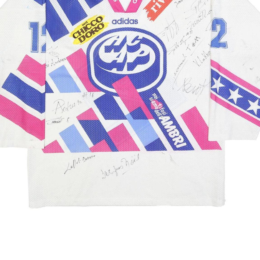 ADIDAS Mens White & Blue & Pink Graphic T-Shirt Long Sleeve V-Neck L Drawstring