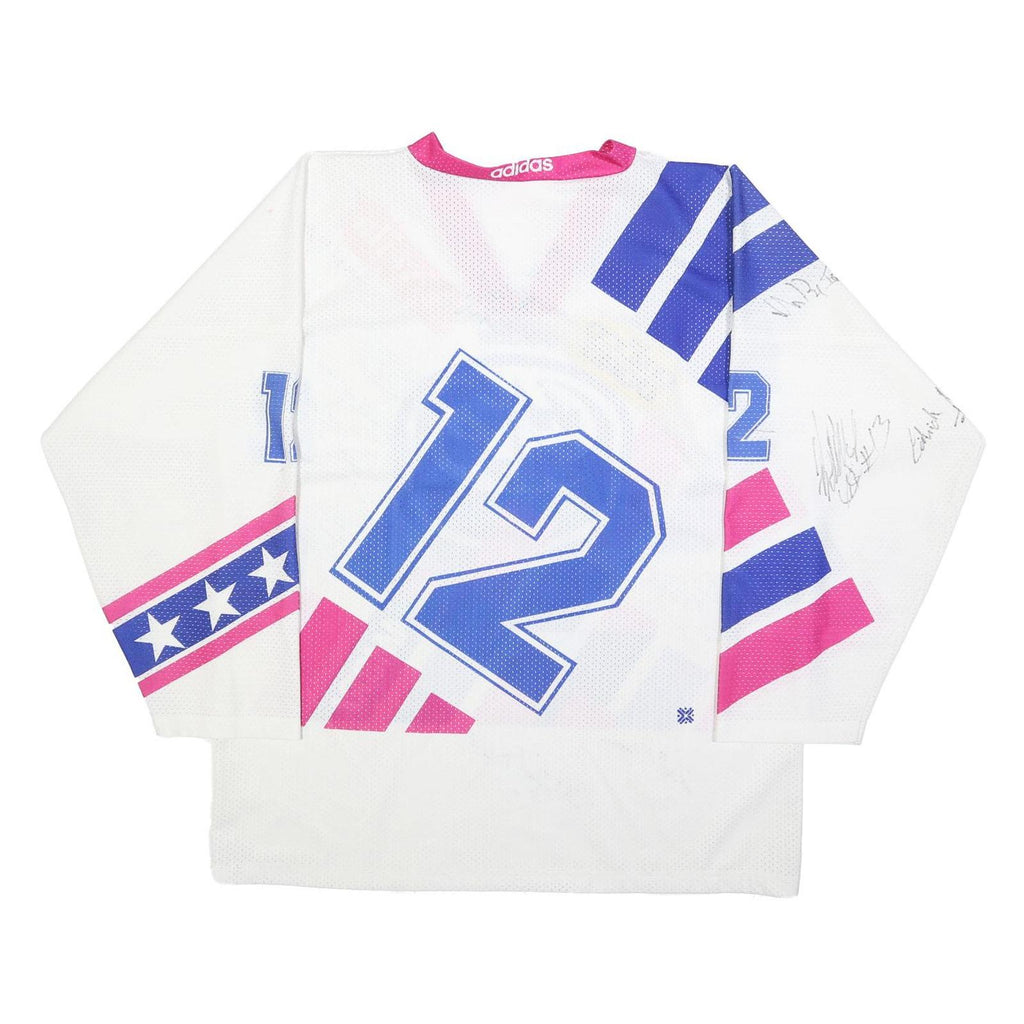 ADIDAS Mens White & Blue & Pink Graphic T-Shirt Long Sleeve V-Neck L Drawstring