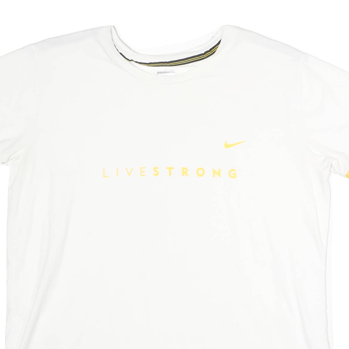 NIKE Womens White & Yellow Livestrong Graphic T-Shirt L Short Sleeve Crew Neck