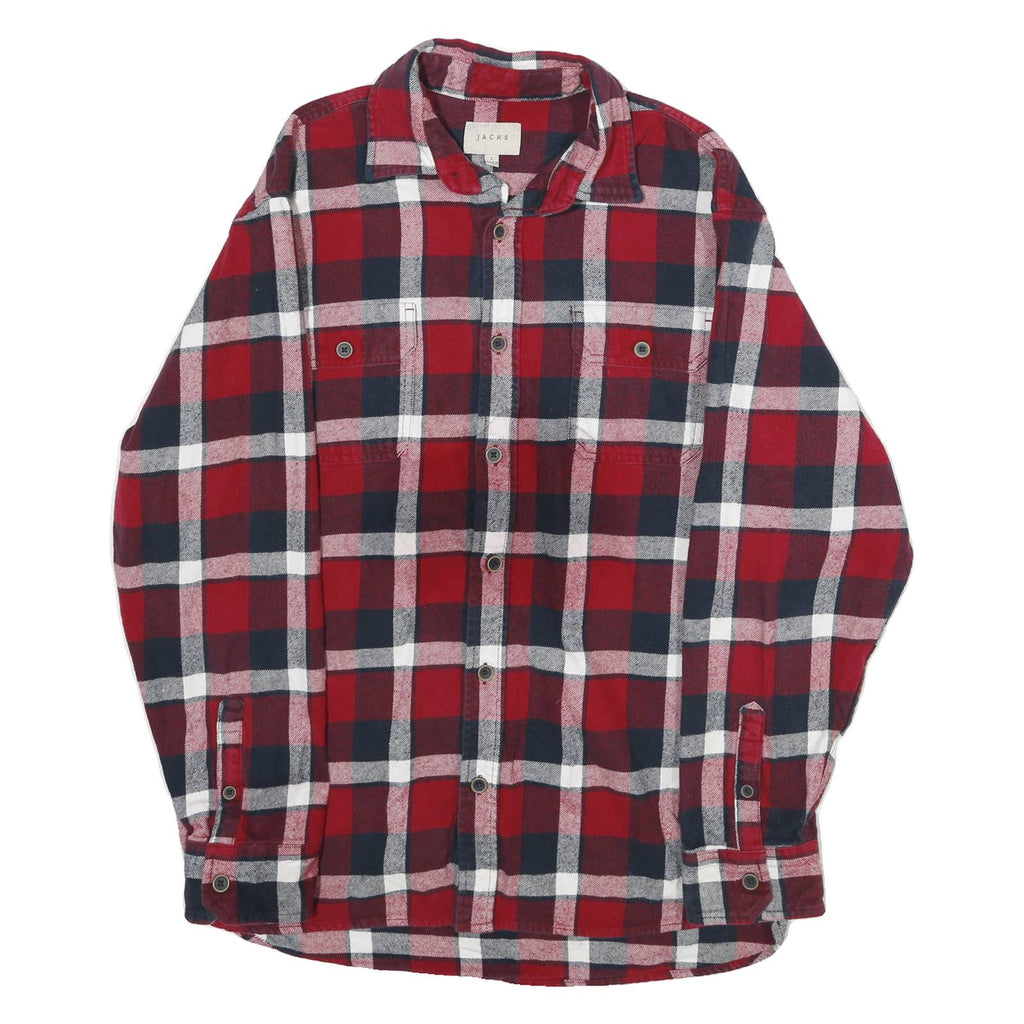 JACHS Mens Red & Navy Check Shirt L Long Sleeve Cotton Casual Button Up