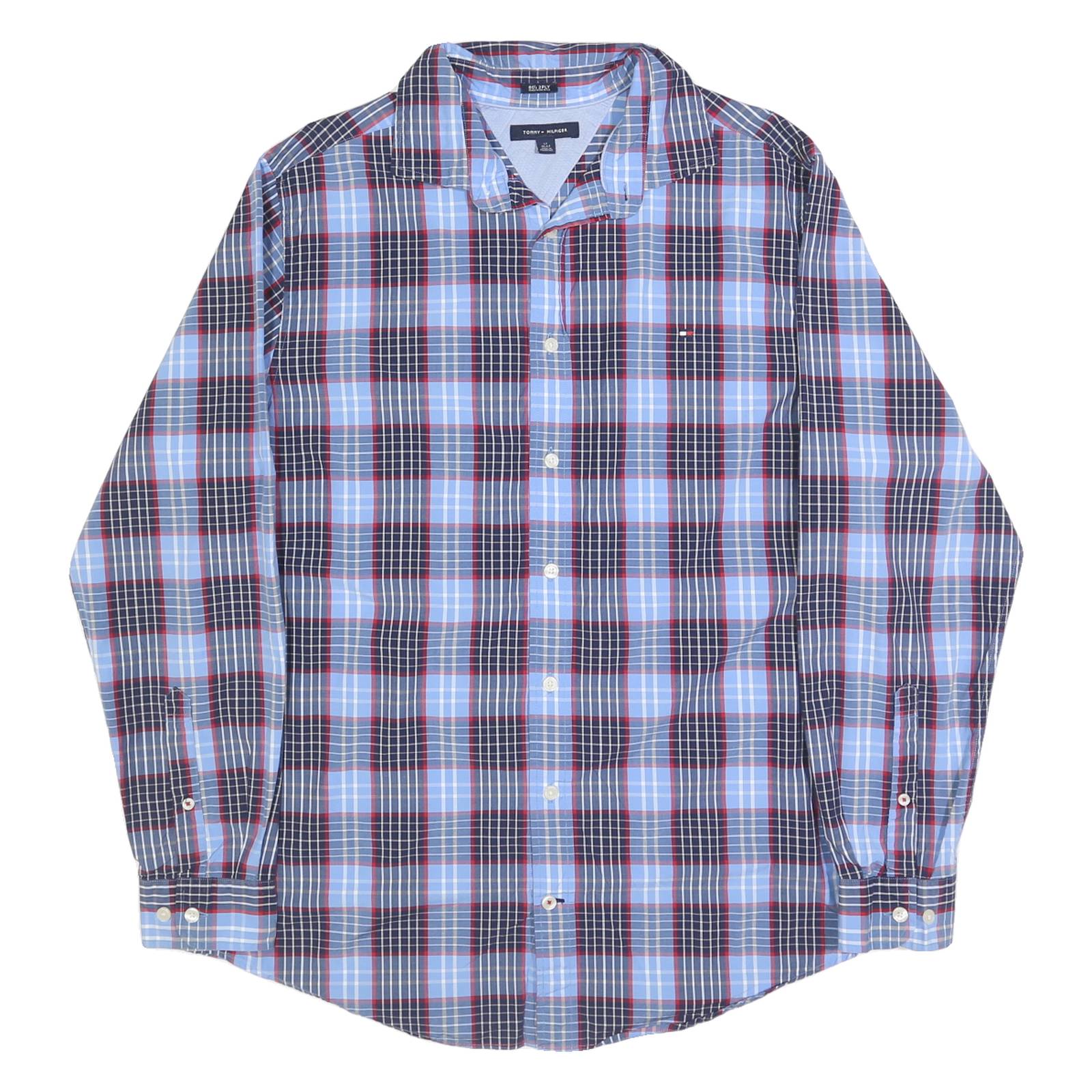 TOMMY HILFIGER Mens Blue & Red Check Shirt L Long Sleeve Cotton Casual