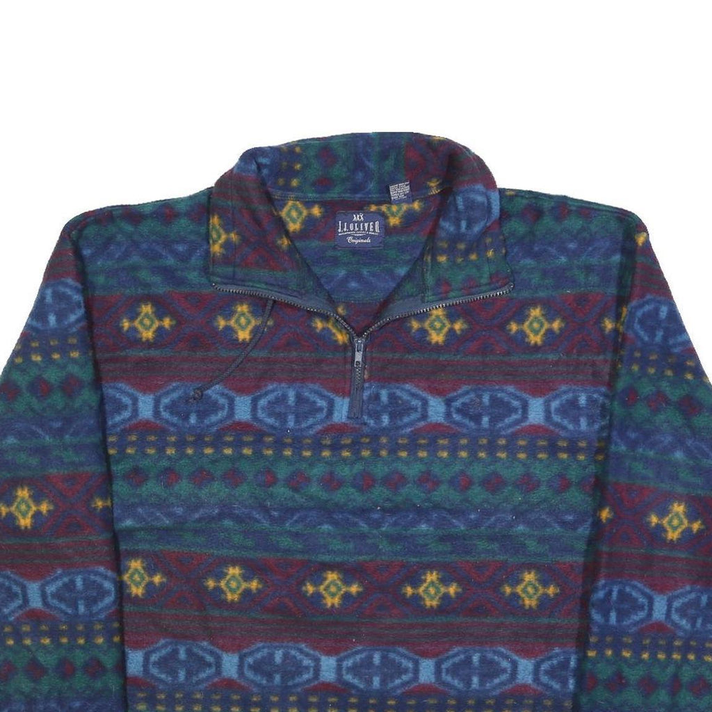 JJ OLIVER Mens Blue & Green Patterned Pullover V Neck Basic Knit L Fleece Jumper