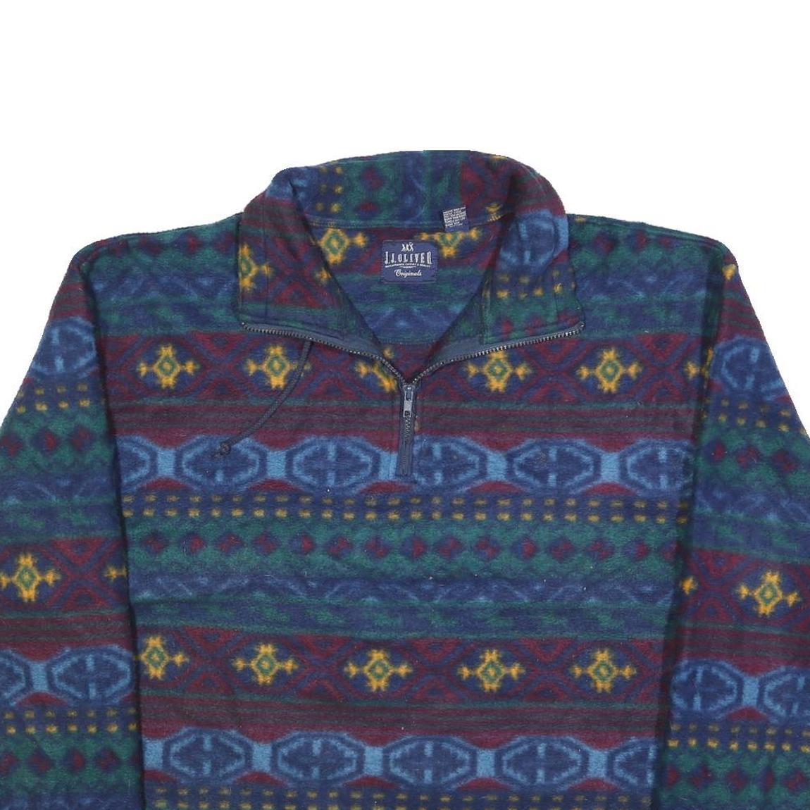 JJ OLIVER Mens Blue & Green Patterned Pullover V Neck Basic Knit L Fleece Jumper